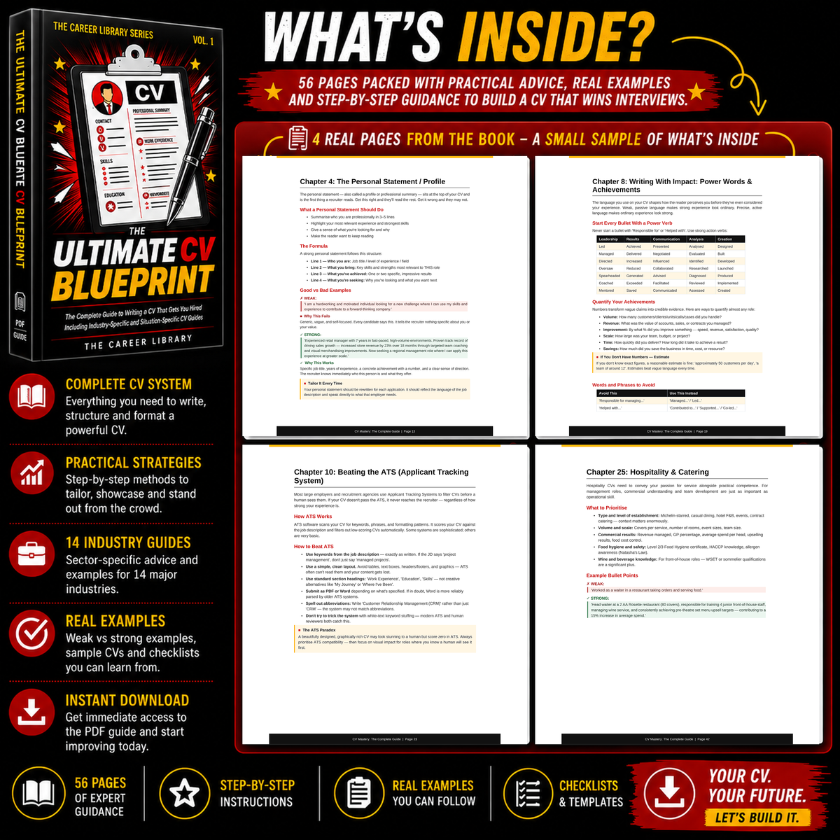 Sample pages from The Ultimate CV Blueprint showing personal profiles, achievements, ATS guidance and industry CV advice